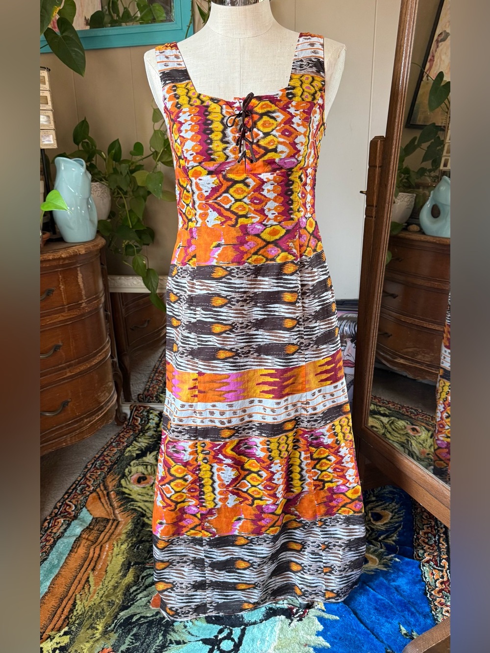 Basel Bohemian Orange Patterned Maxi Dress with Lace-Up Bodice, size US 10